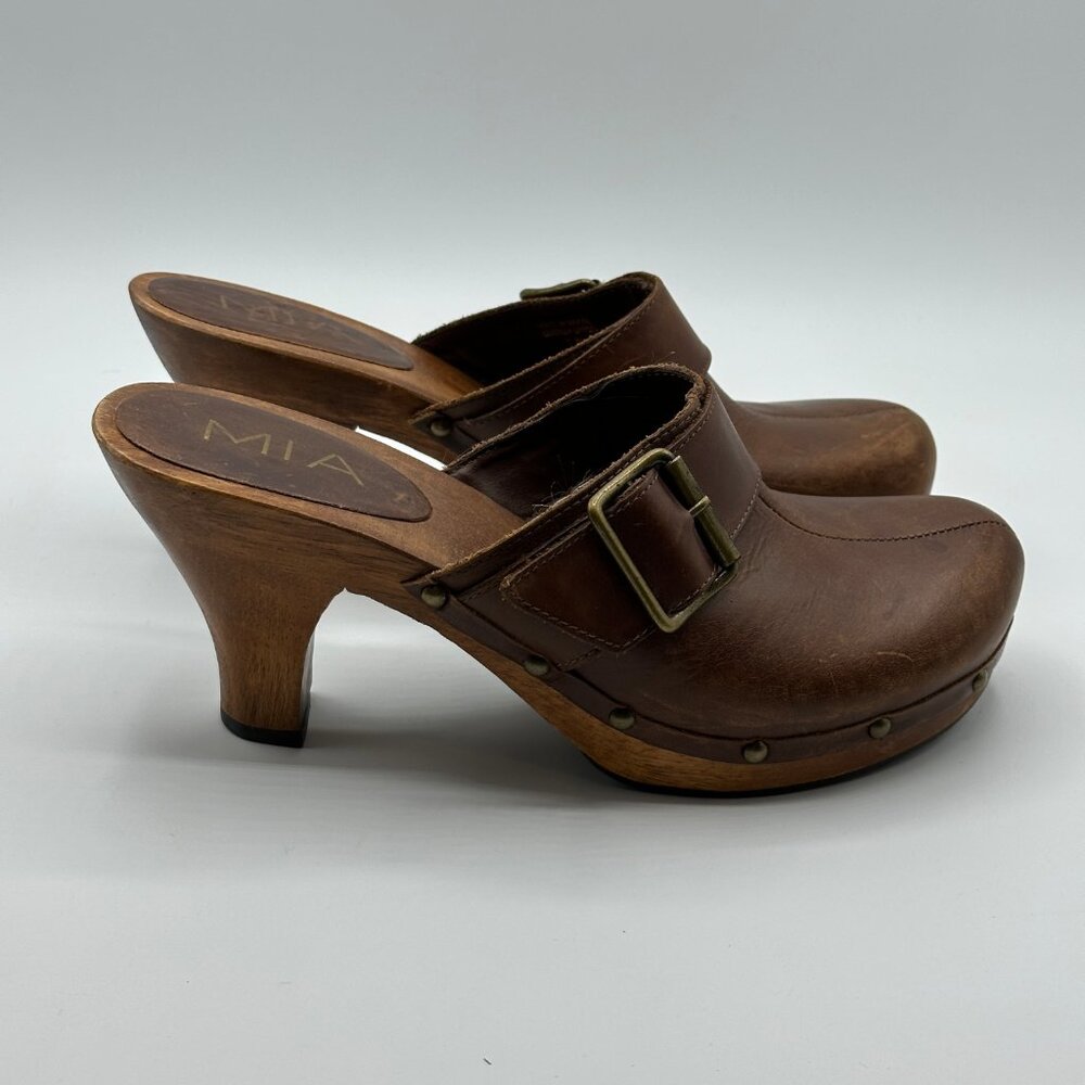Mia Women's Brown Y2K Leather 3"  Heel Mules Clogs Size 7 Made In Brazil - Picture 2 of 9
